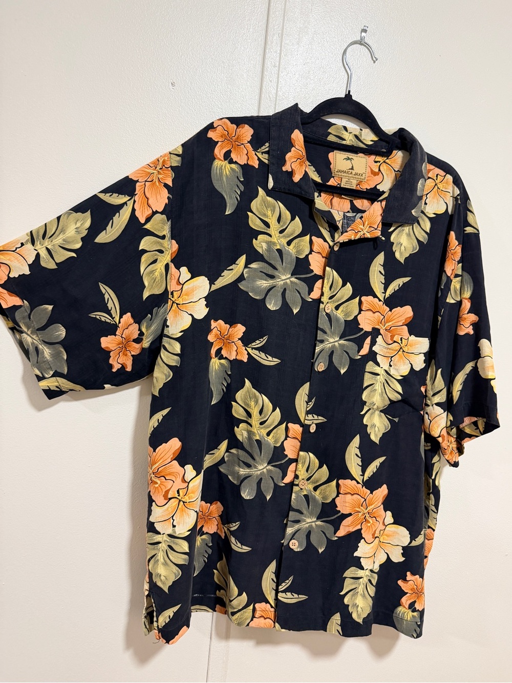 Jamaica Jaxx 100% Silk Hawaiian Hibiscus Button Down Black Orange Mens Shirt XL